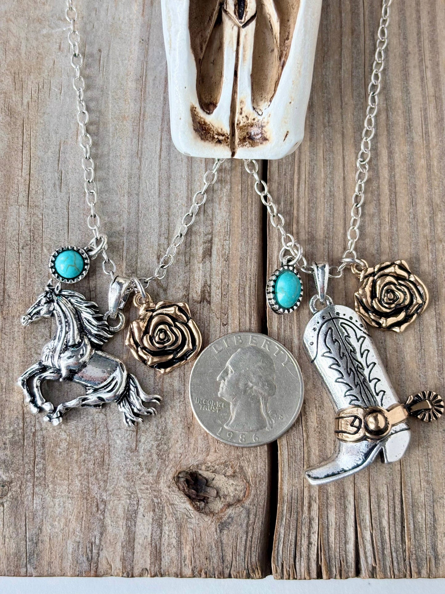 Western Style Rose Horse - Boots Pendant Link Chain Necklace
