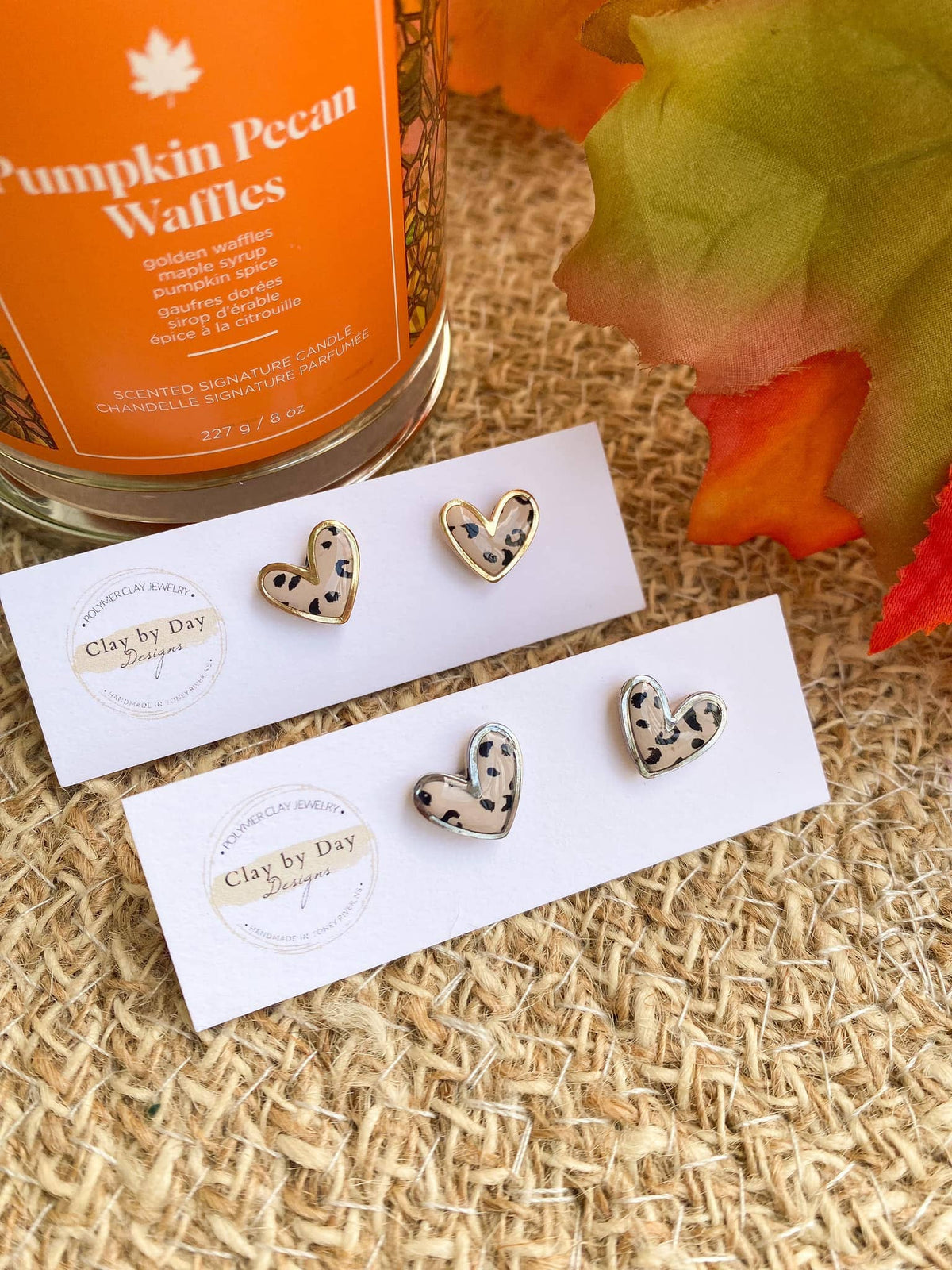 Leopard Heart Studs - Silver or Gold Trim