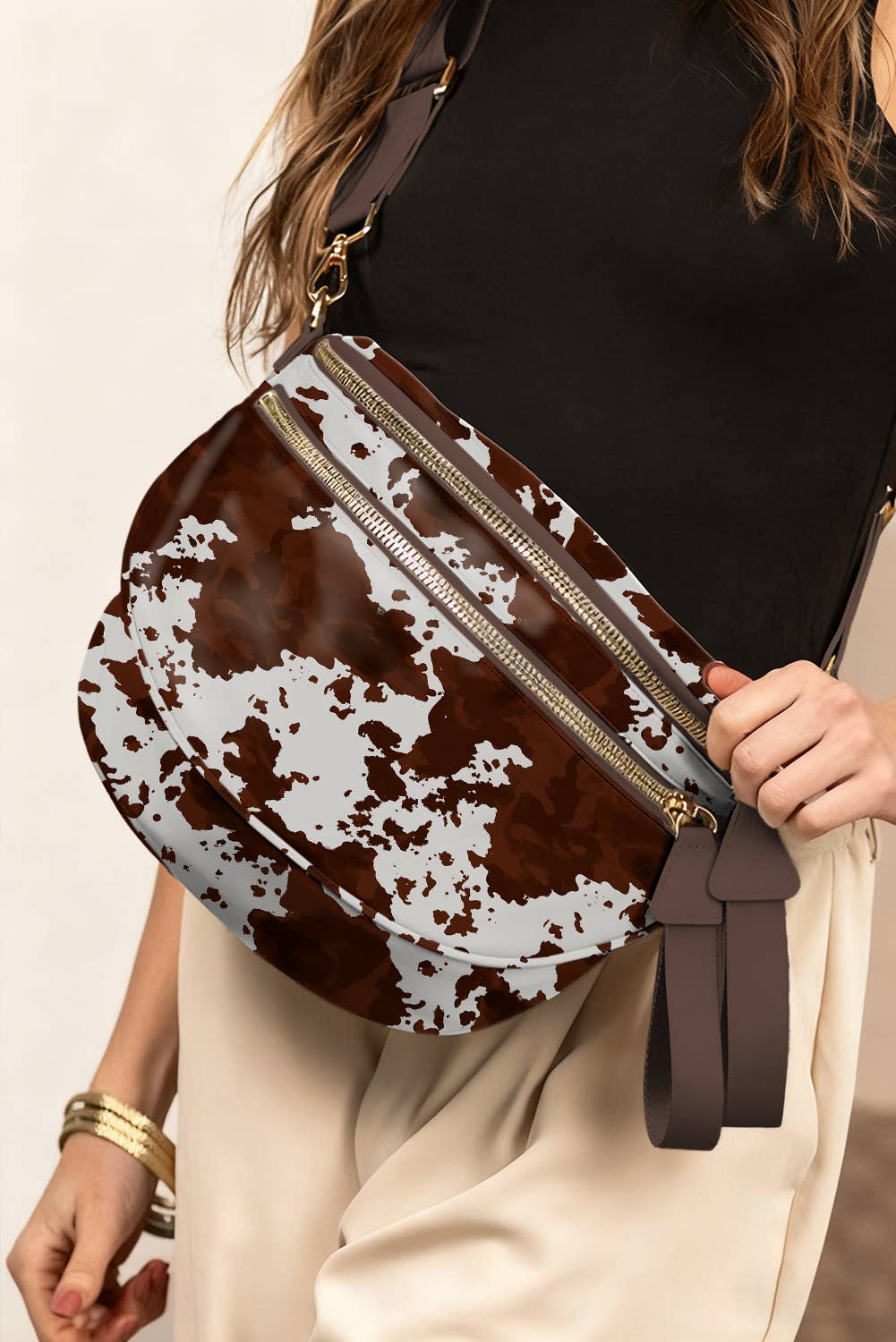 LDC Cow Spots Printed Double Zip Crossbody Bag