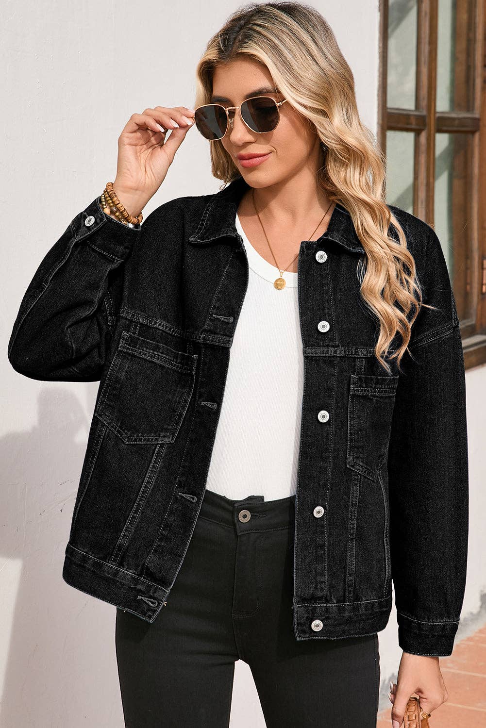 PRETTY BASH Stripe Denim Chest Pocket Oversize Jacket