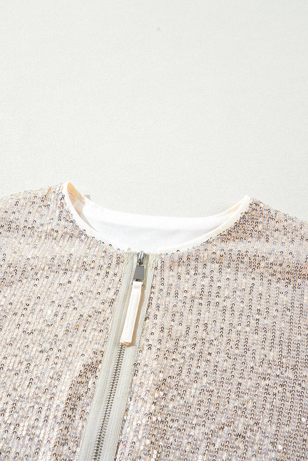 PRETTY BASH Sequin Zip Up Round Neck Long Sleeve Jacket