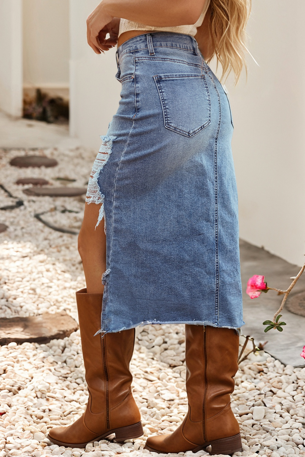 LDC Irregular Distressed Bottom Denim Midi Skirt