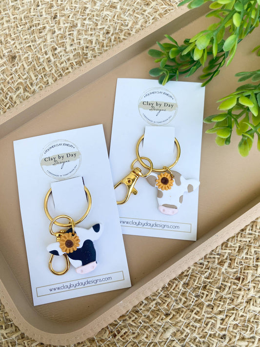 Floral Cow  - Polymer Clay Western Keychain