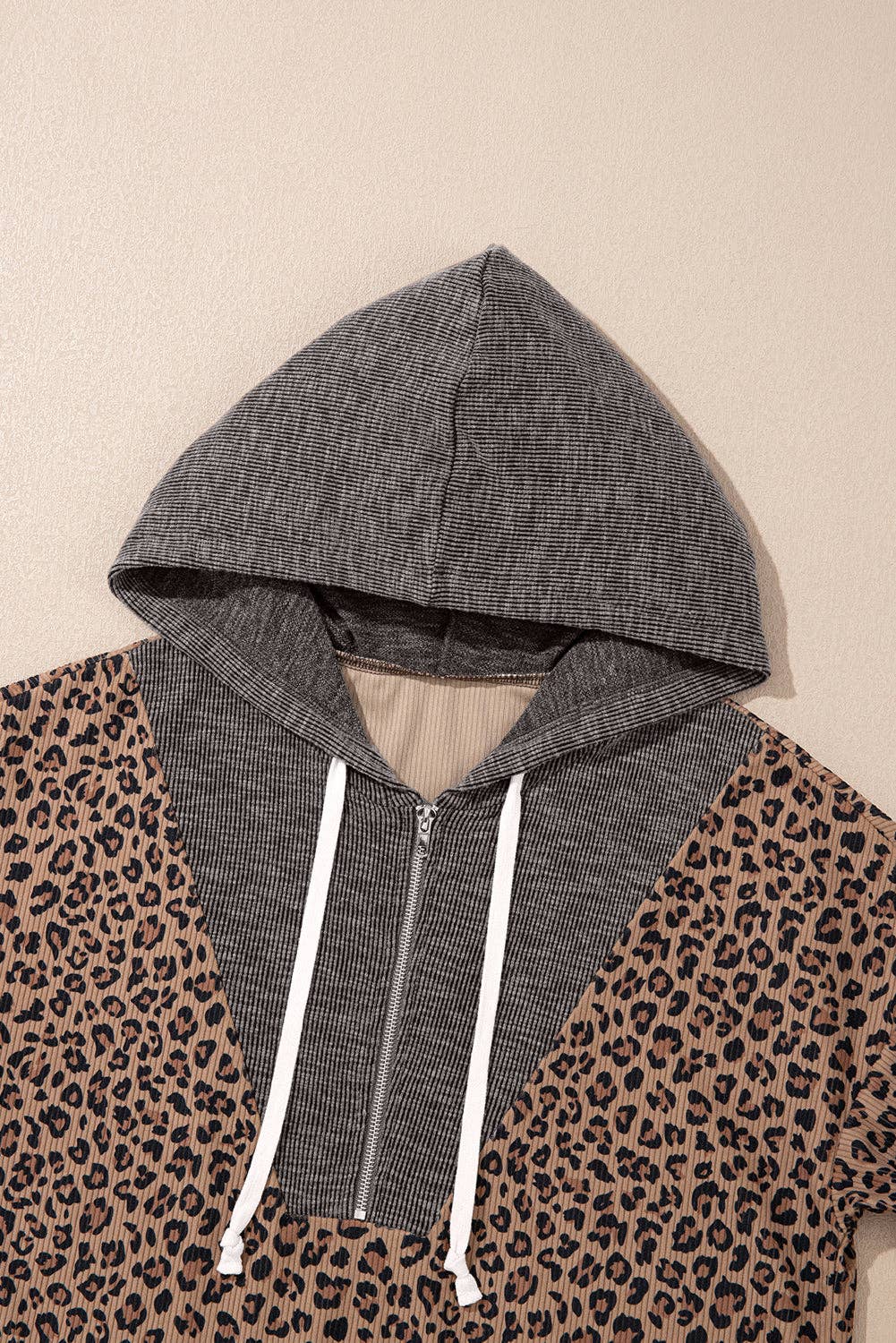 Leopard Ribbed Knit Contrast Half-Zip Hoodie