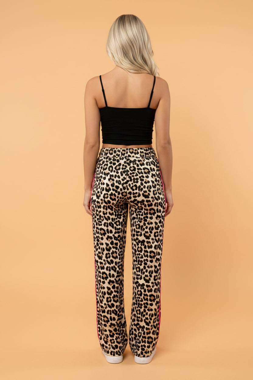 PRETTY BASH Leopard Tie Waist Contrast Detail Casual Pants