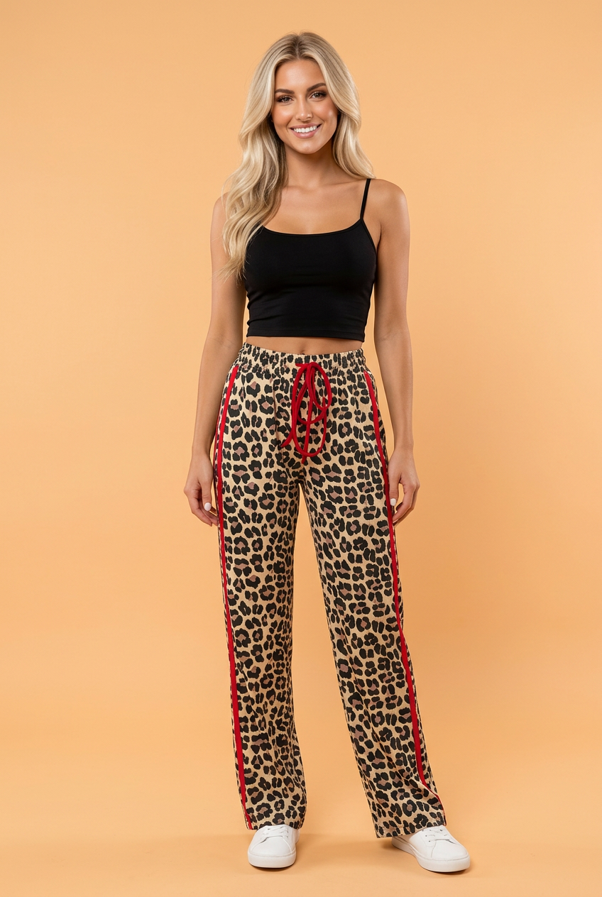 PRETTY BASH Leopard Tie Waist Contrast Detail Casual Pants