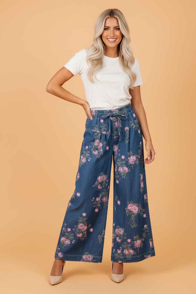 PRETTY BASH Floral Denim Pleated Wide Leg Jeans