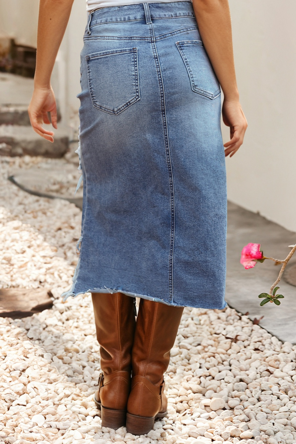 LDC Irregular Distressed Bottom Denim Midi Skirt