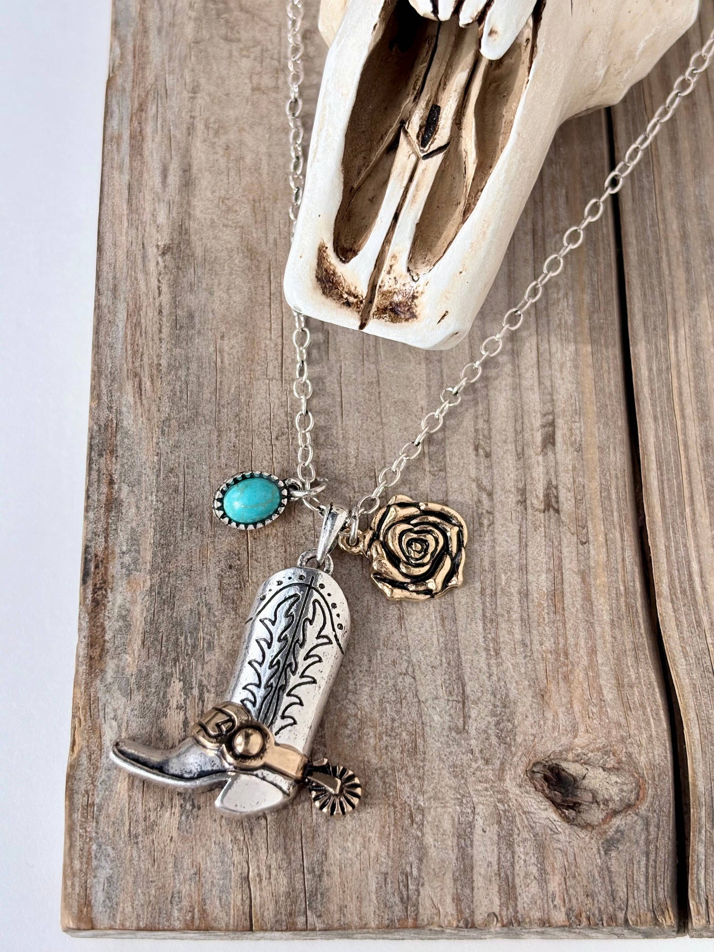 Western Style Rose Horse - Boots Pendant Link Chain Necklace