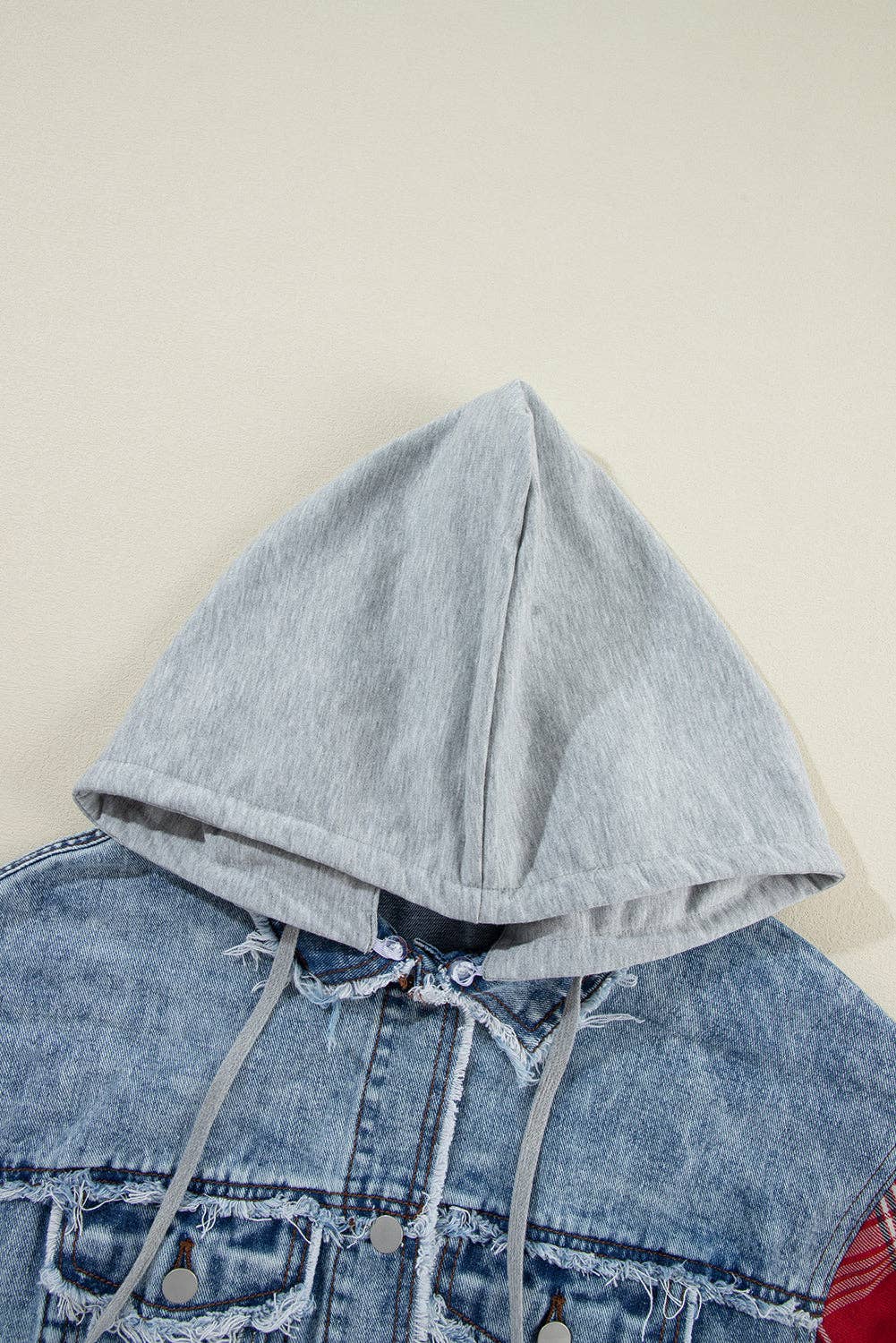 PRETTY BASH Plaid Patchwork Hooded Denim Jacket