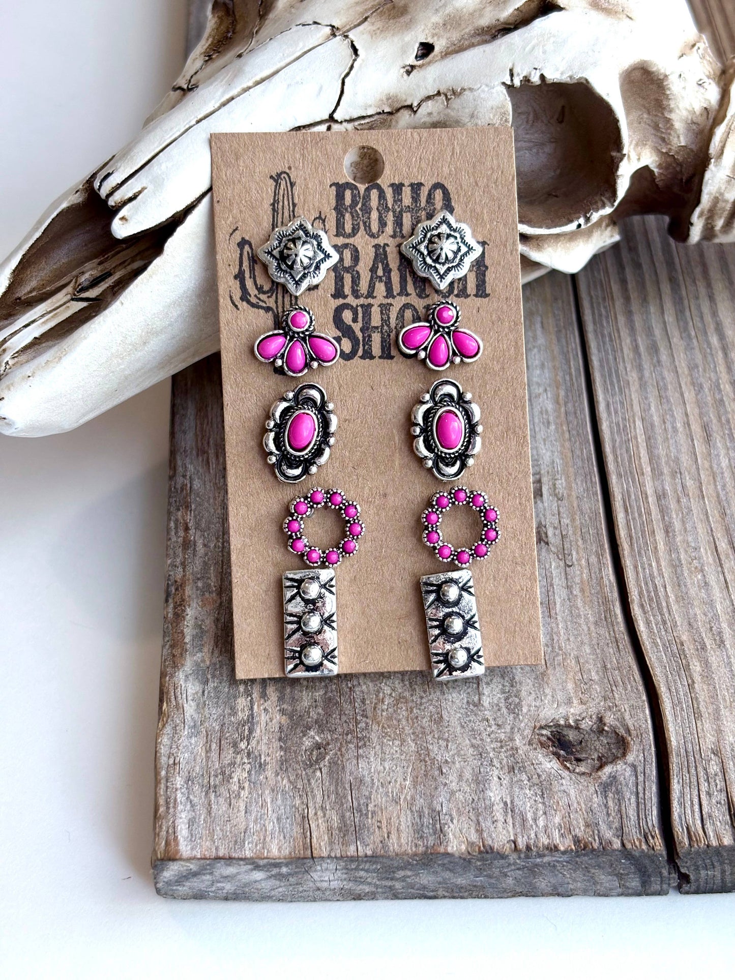 5 Pair Western Theme Stone Stud Earring Set