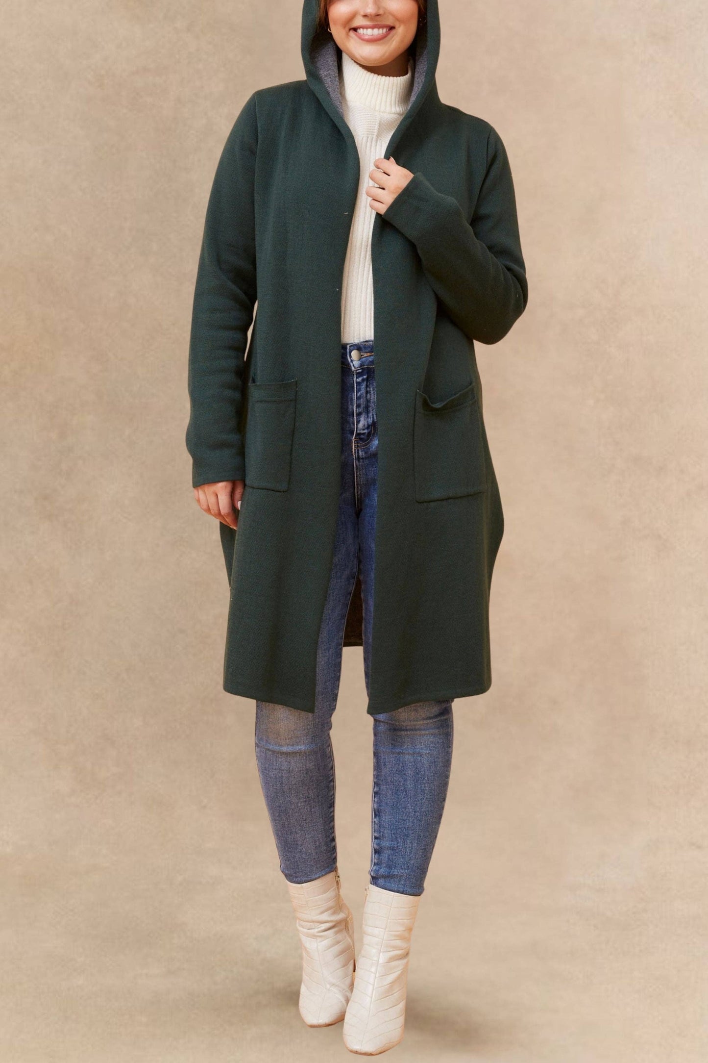 Nora Hooded Open Front Long Cardigan Lightweight Two Tone Casual Trendy