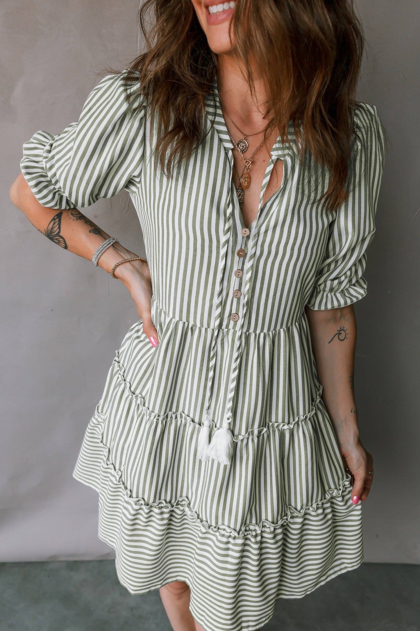 Stripe Tassel Tie-Neck Ruffle Tiered Dress
