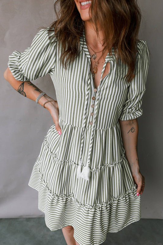Stripe Tassel Tie-Neck Ruffle Tiered Dress