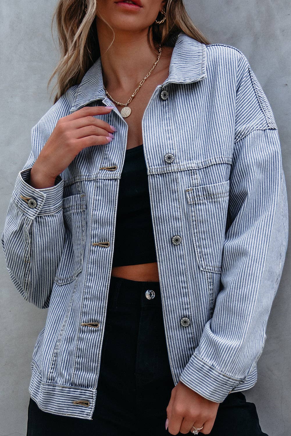 PRETTY BASH Stripe Denim Chest Pocket Oversize Jacket