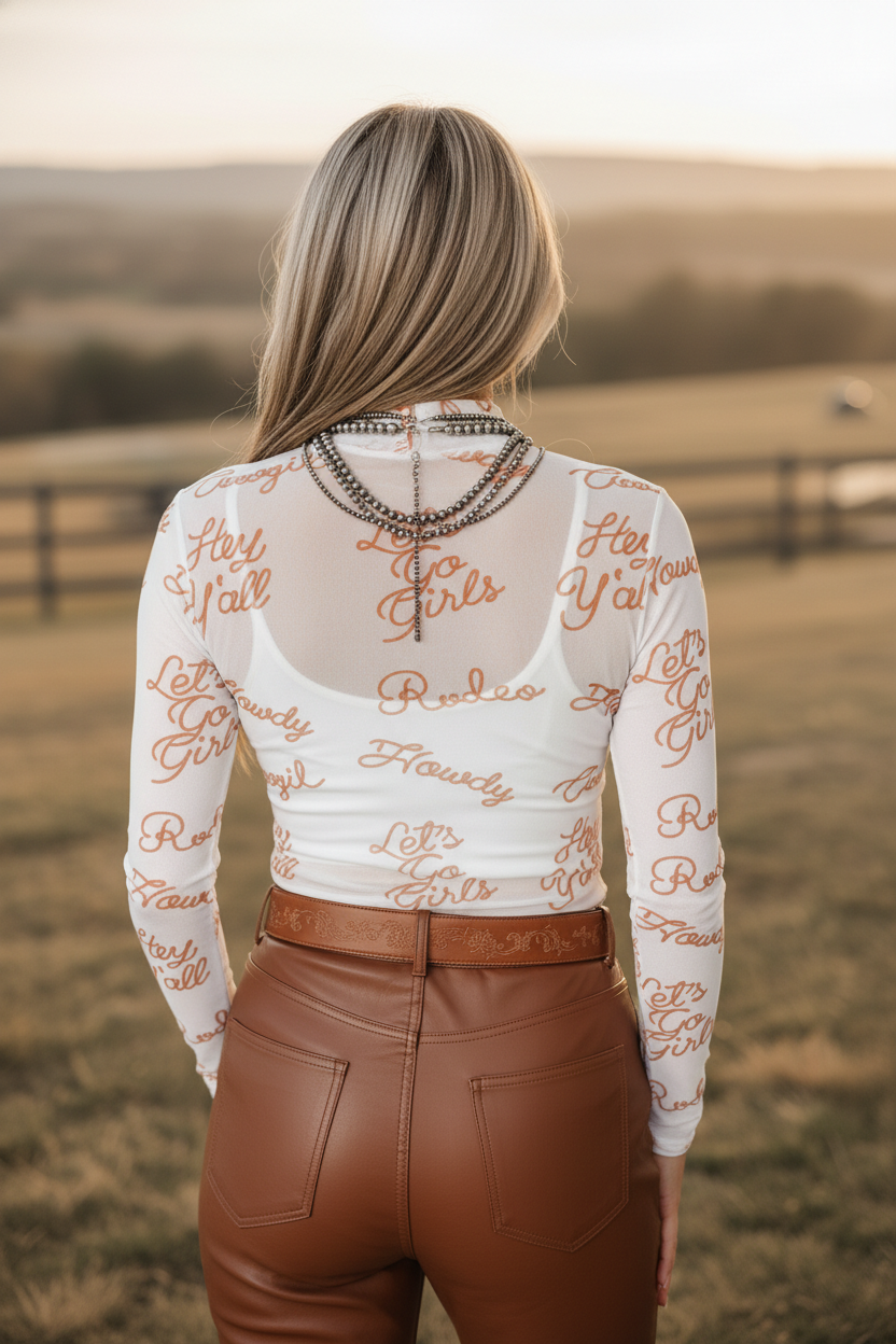 PRETTY BASH Western Mesh High Neck Long Sleeve Top