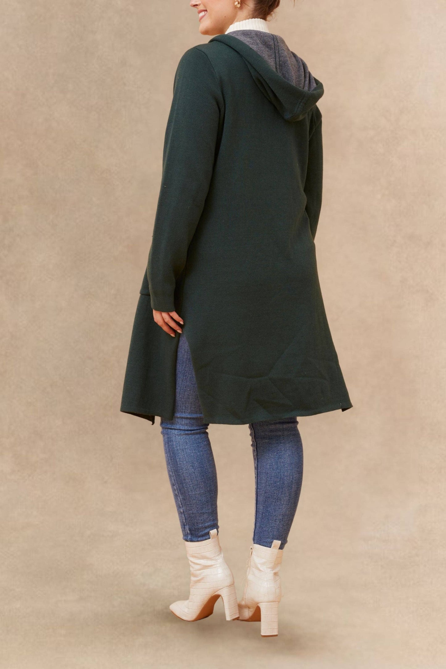 Nora Hooded Open Front Long Cardigan Lightweight Two Tone Casual Trendy