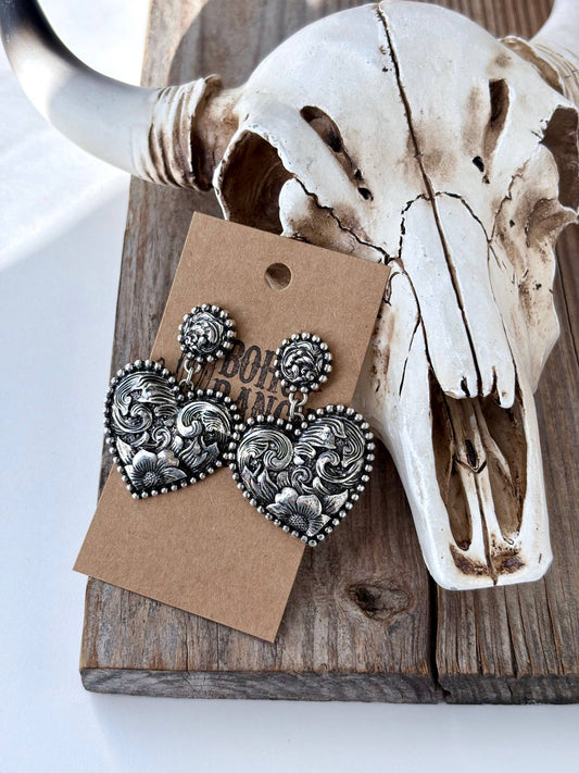 Western Style Engraved Heart Post Drop Earrings
