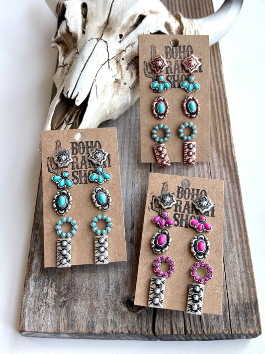 5 Pair Western Theme Stone Stud Earring Set