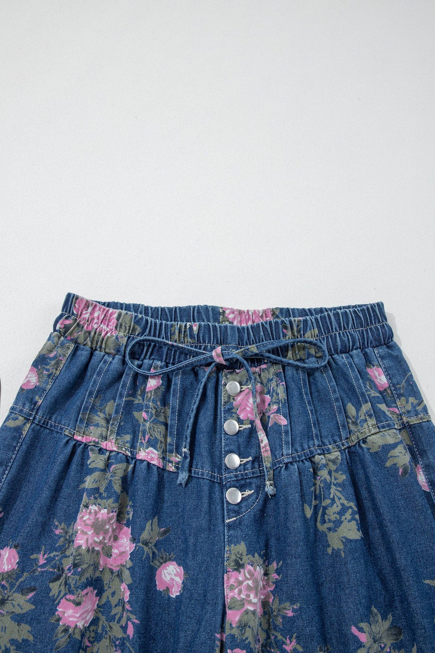 PRETTY BASH Floral Denim Pleated Wide Leg Jeans