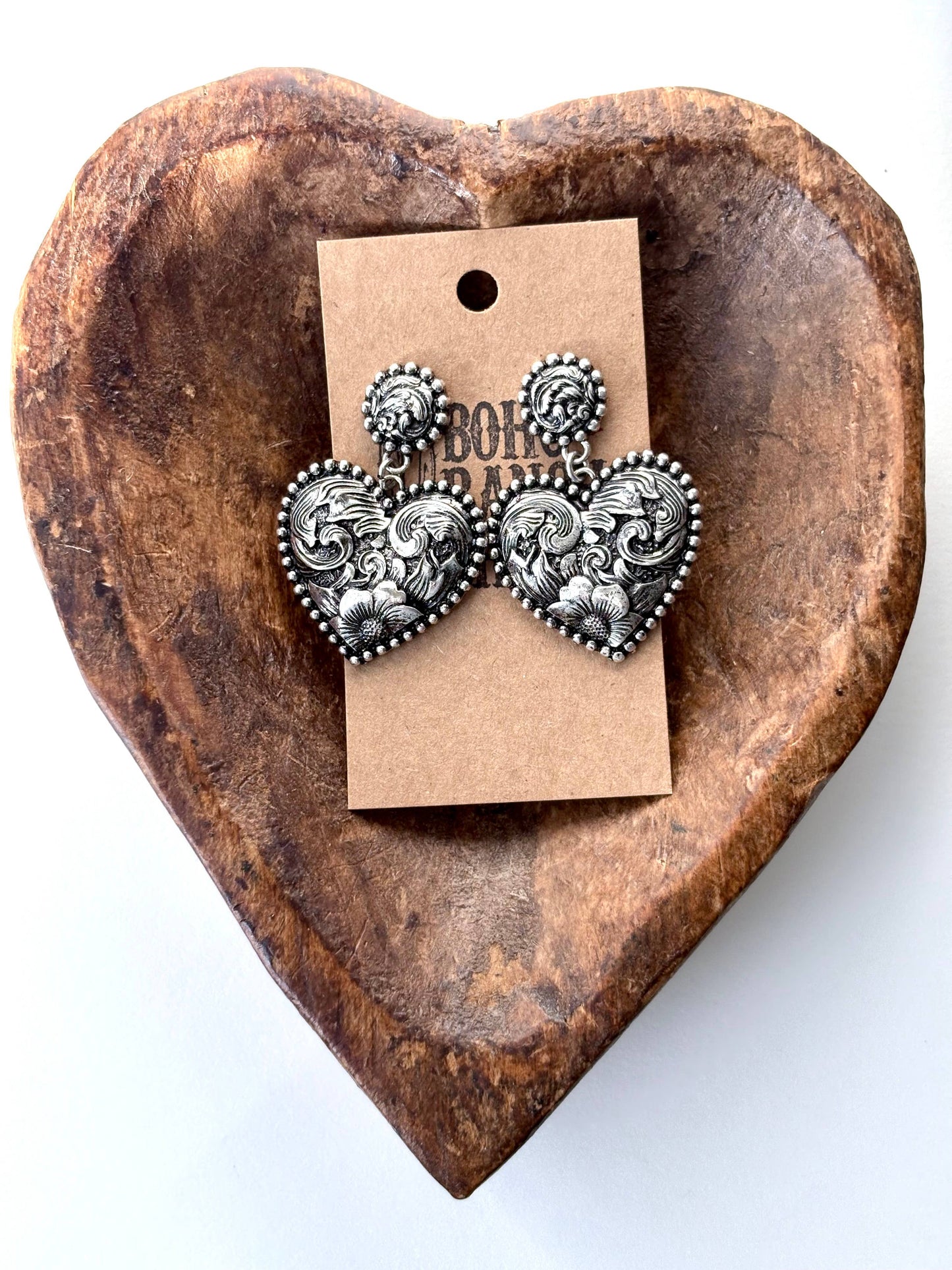 Western Style Engraved Heart Post Drop Earrings