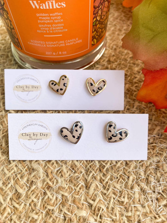 Leopard Heart Studs - Silver or Gold Trim