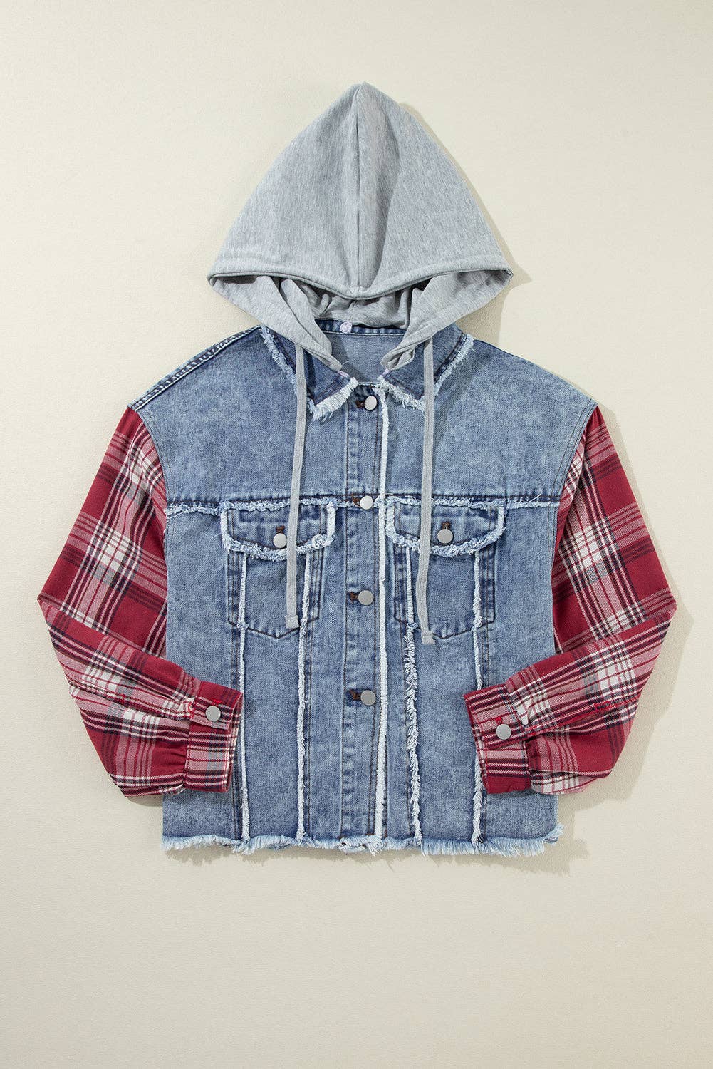 PRETTY BASH Plaid Patchwork Hooded Denim Jacket