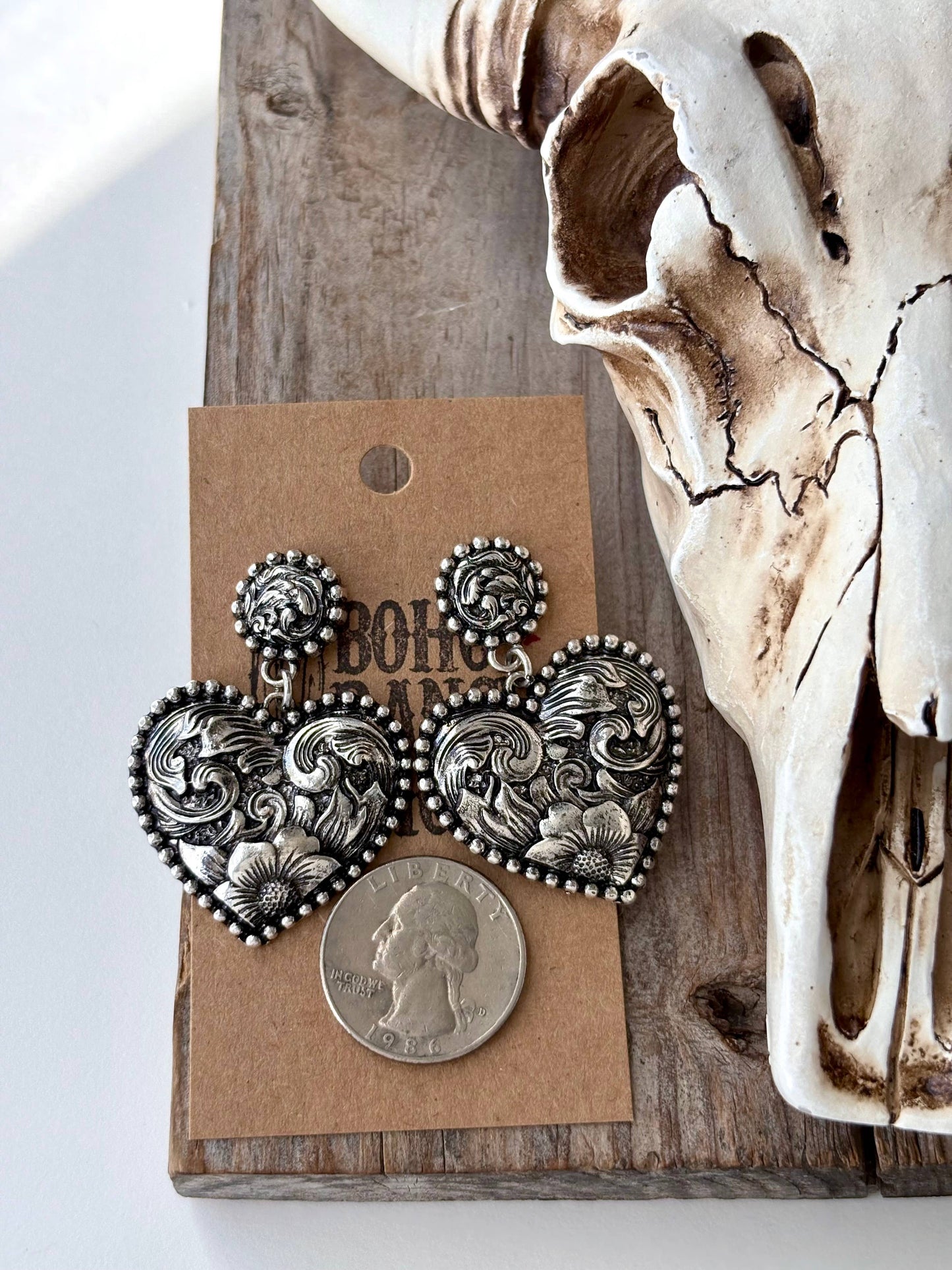 Western Style Engraved Heart Post Drop Earrings