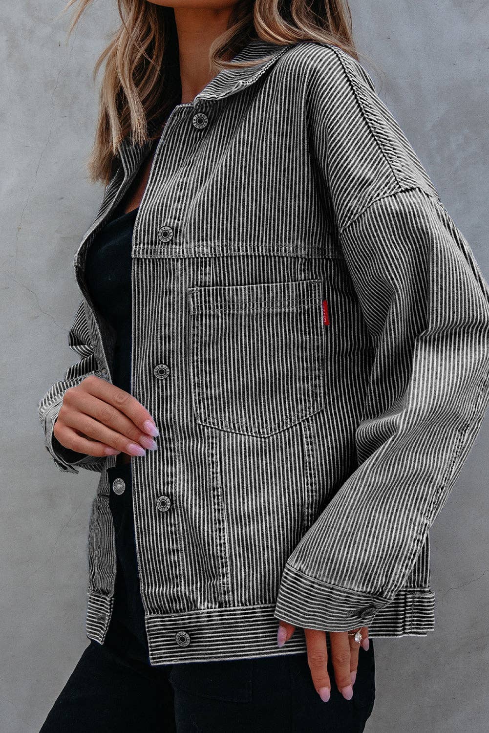 PRETTY BASH Stripe Denim Chest Pocket Oversize Jacket