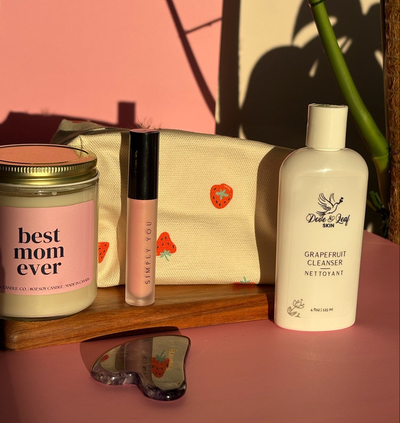 Cosmetic products including a candle, lip gloss, and cleanser on a pink surface with a plant in the background.