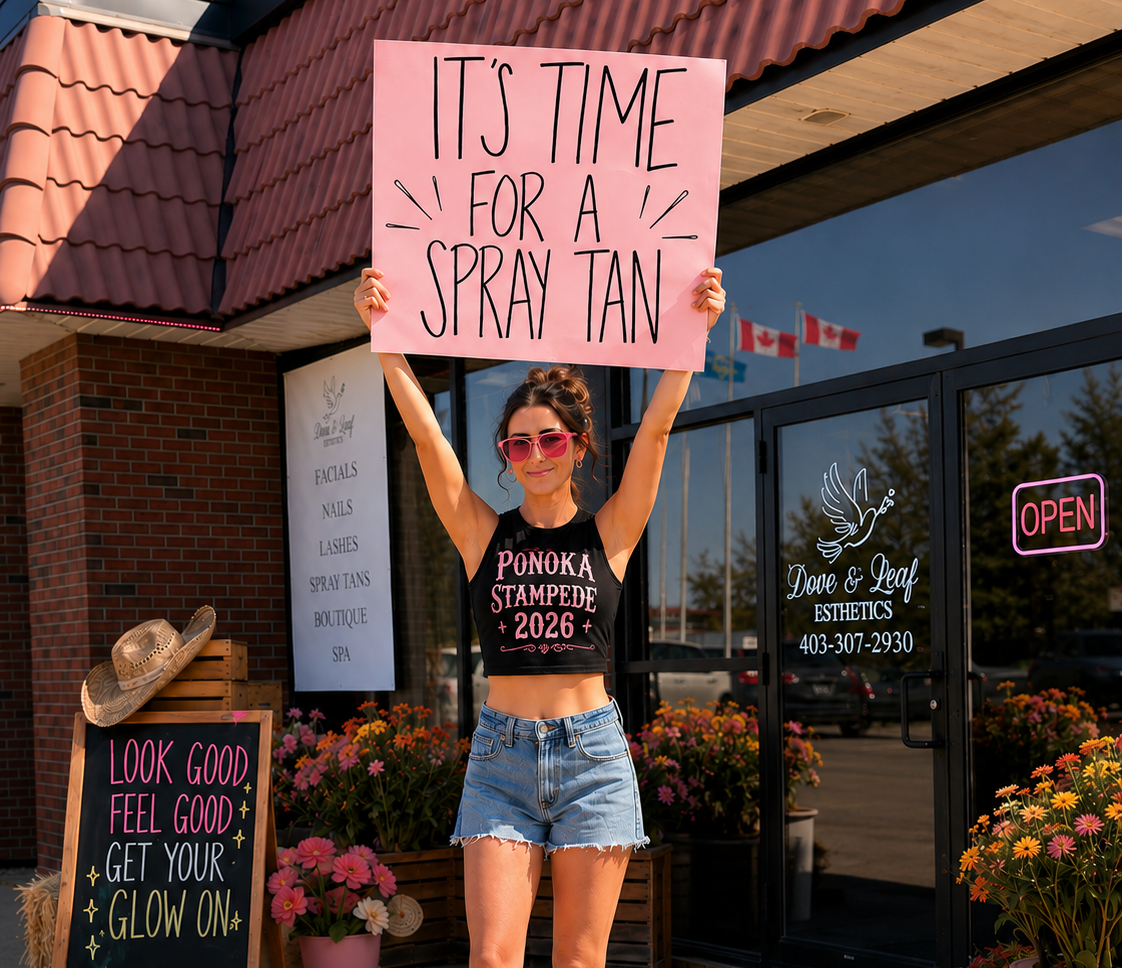 Woman holding a sign in front of a business with flowers and a chalkboard sign.