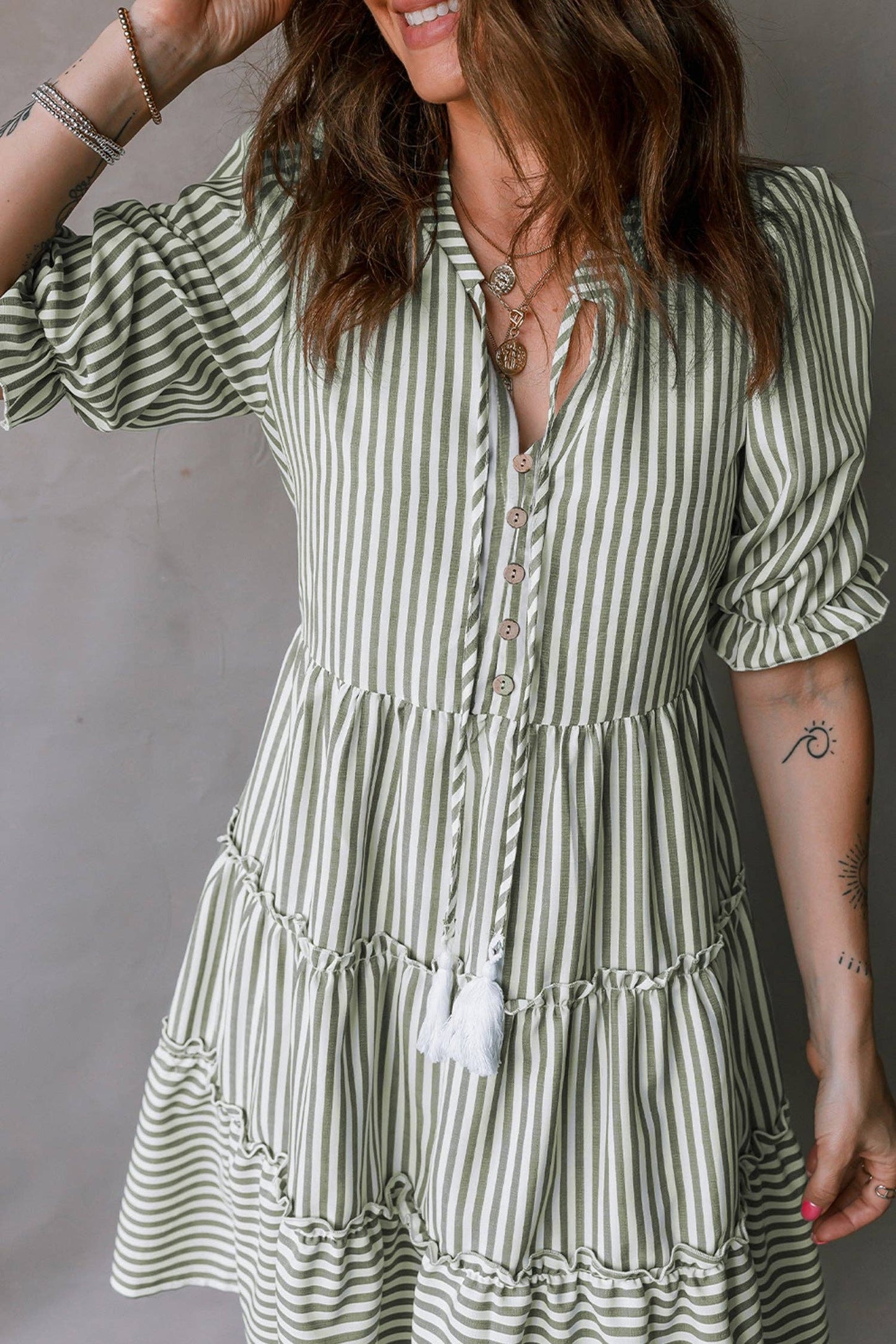 Stripe Tassel Tie-Neck Ruffle Tiered Dress