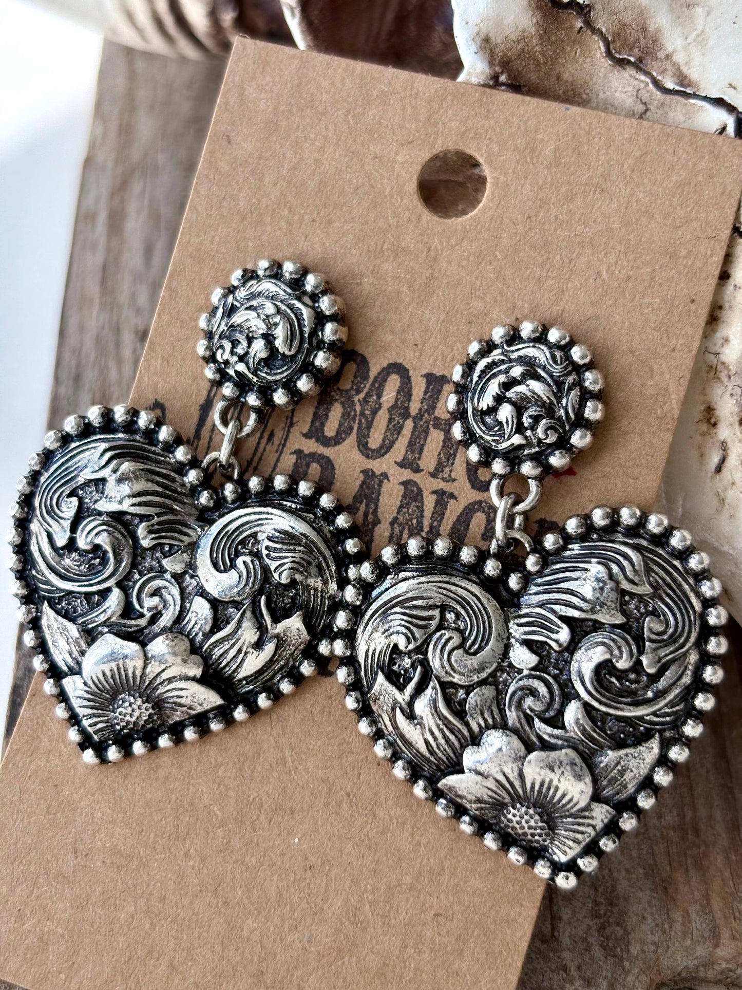 Western Style Engraved Heart Post Drop Earrings