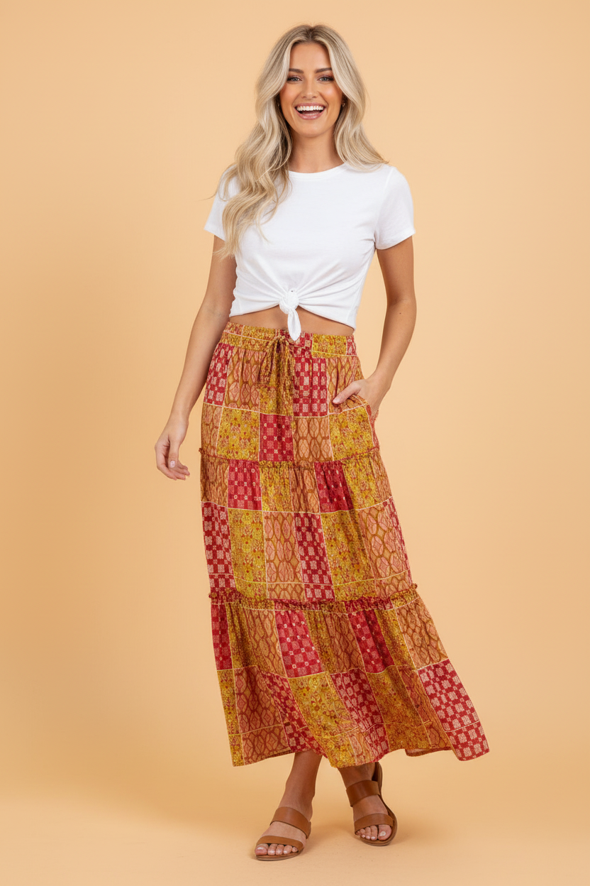 PRETTY BASH Paisley Ruffle Tiered Maxi Skirt