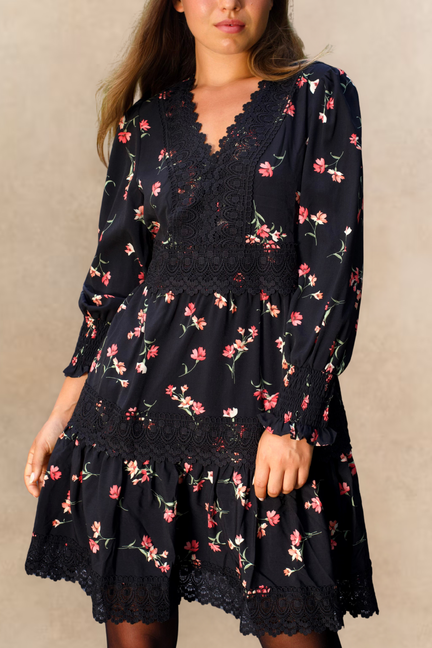Agnes Tiered Black Mini Dress Pink Floral Print Lace Trim