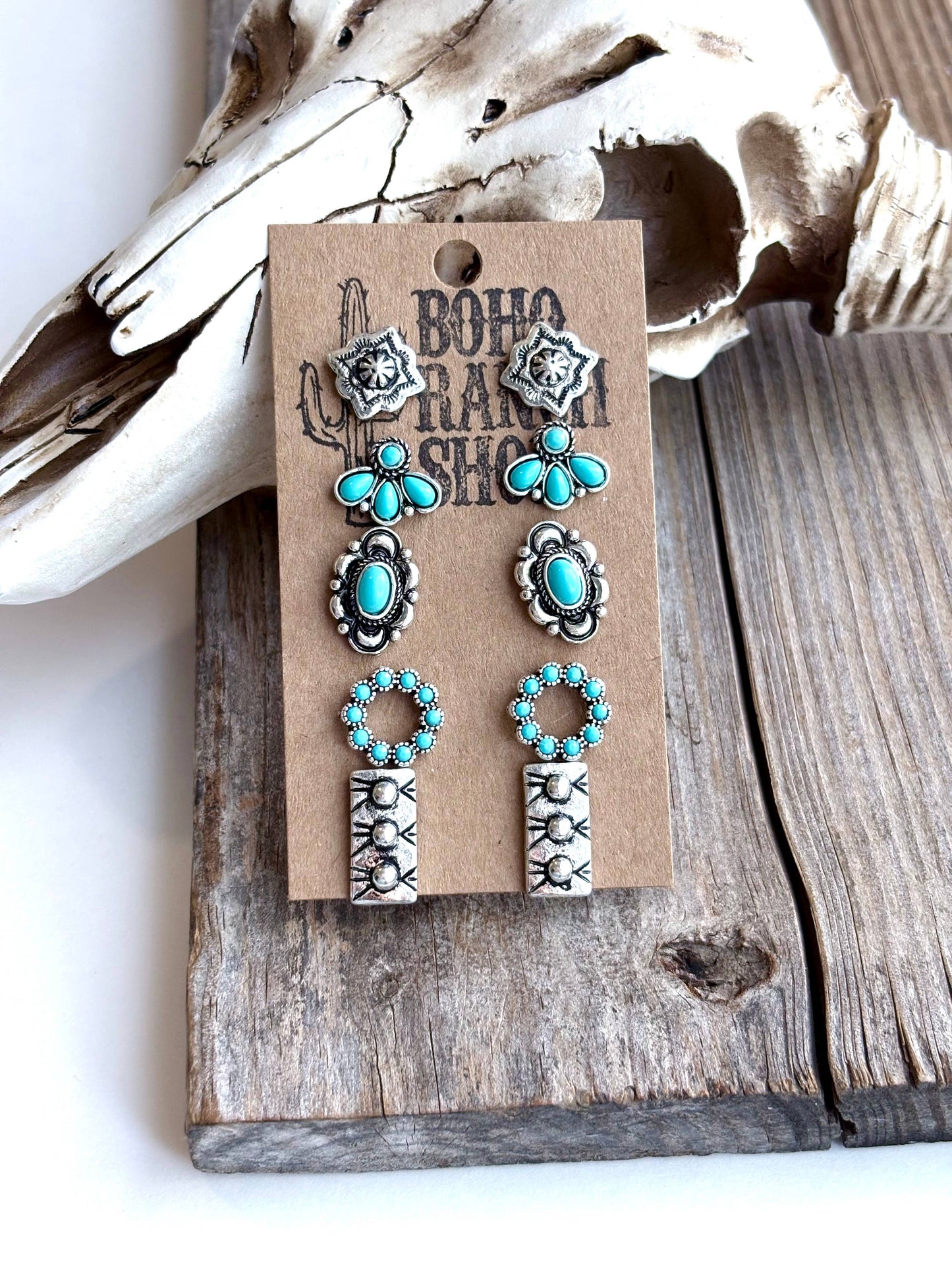 5 Pair Western Theme Stone Stud Earring Set