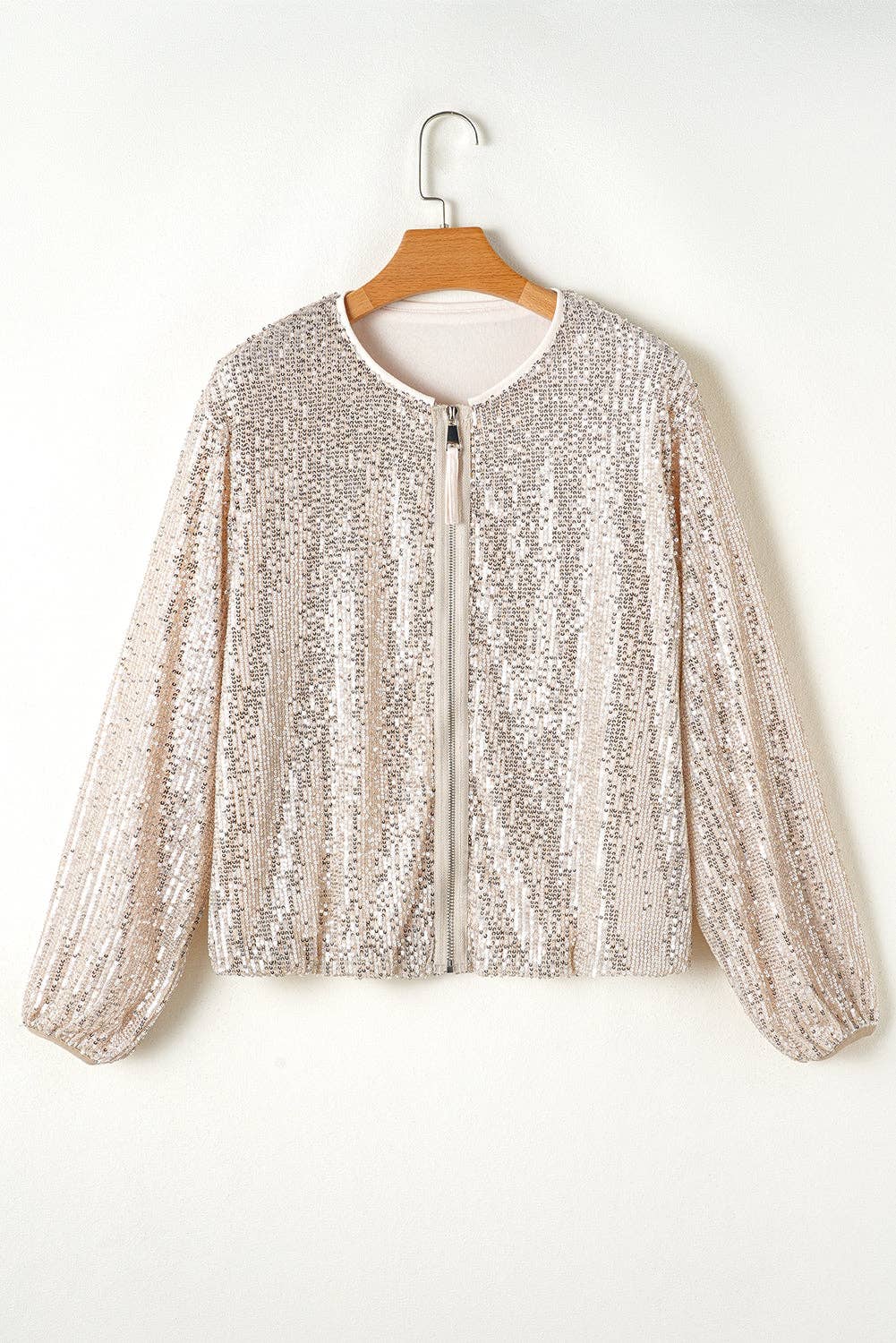 PRETTY BASH Sequin Zip Up Round Neck Long Sleeve Jacket
