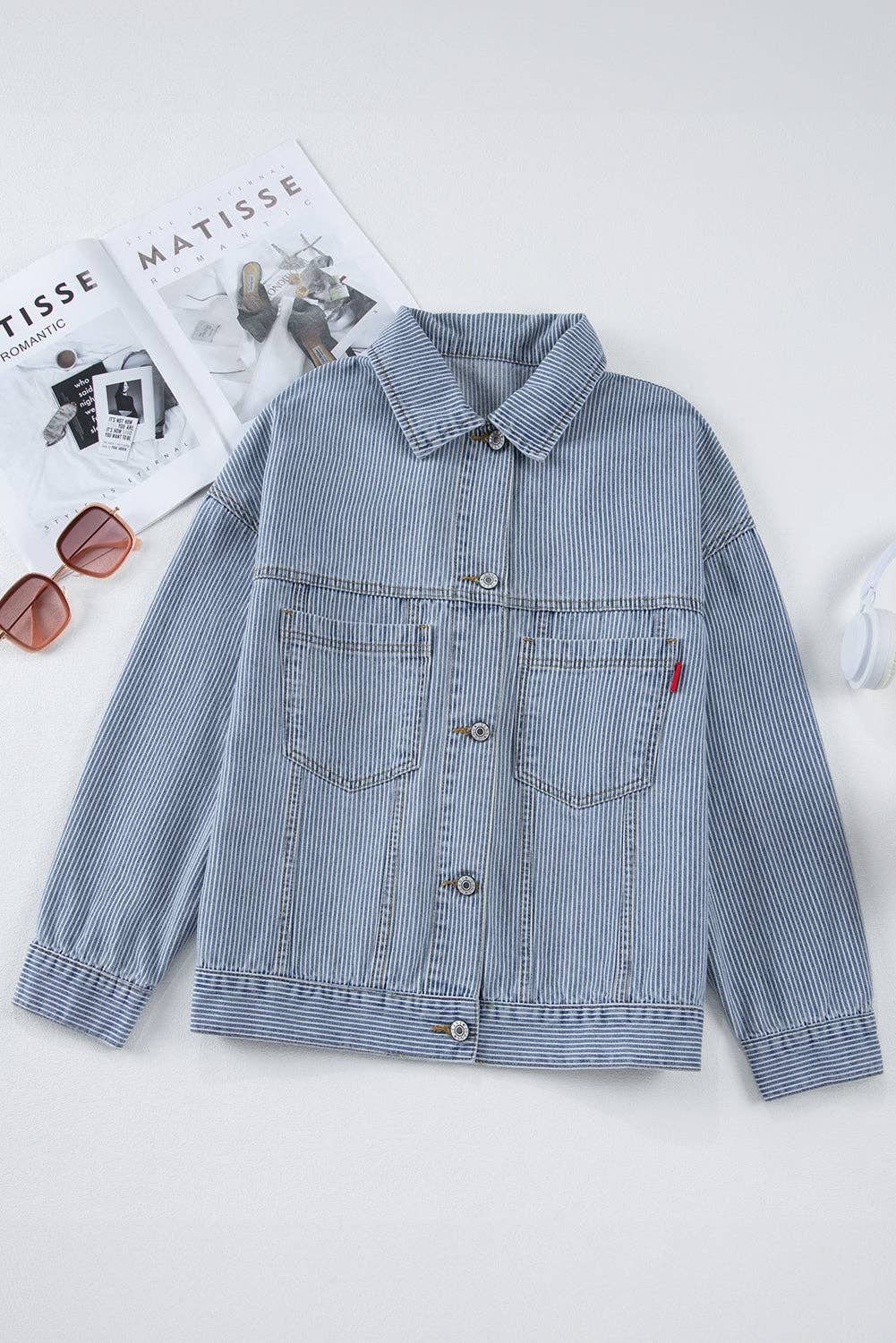 PRETTY BASH Stripe Denim Chest Pocket Oversize Jacket