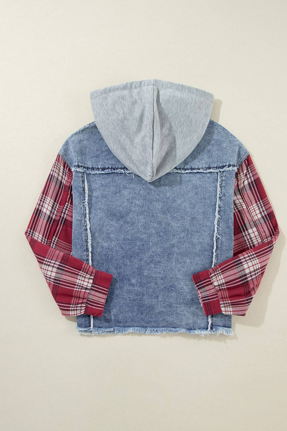 PRETTY BASH Plaid Patchwork Hooded Denim Jacket