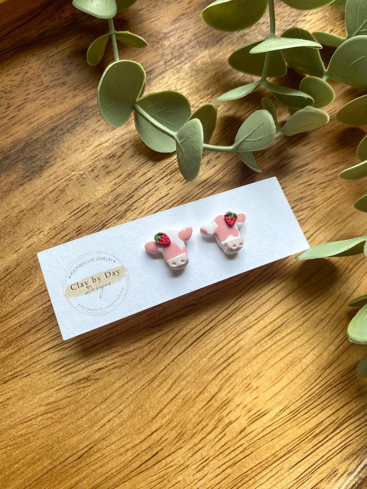 Strawberry Cow Stud Earring - Polymer Clay