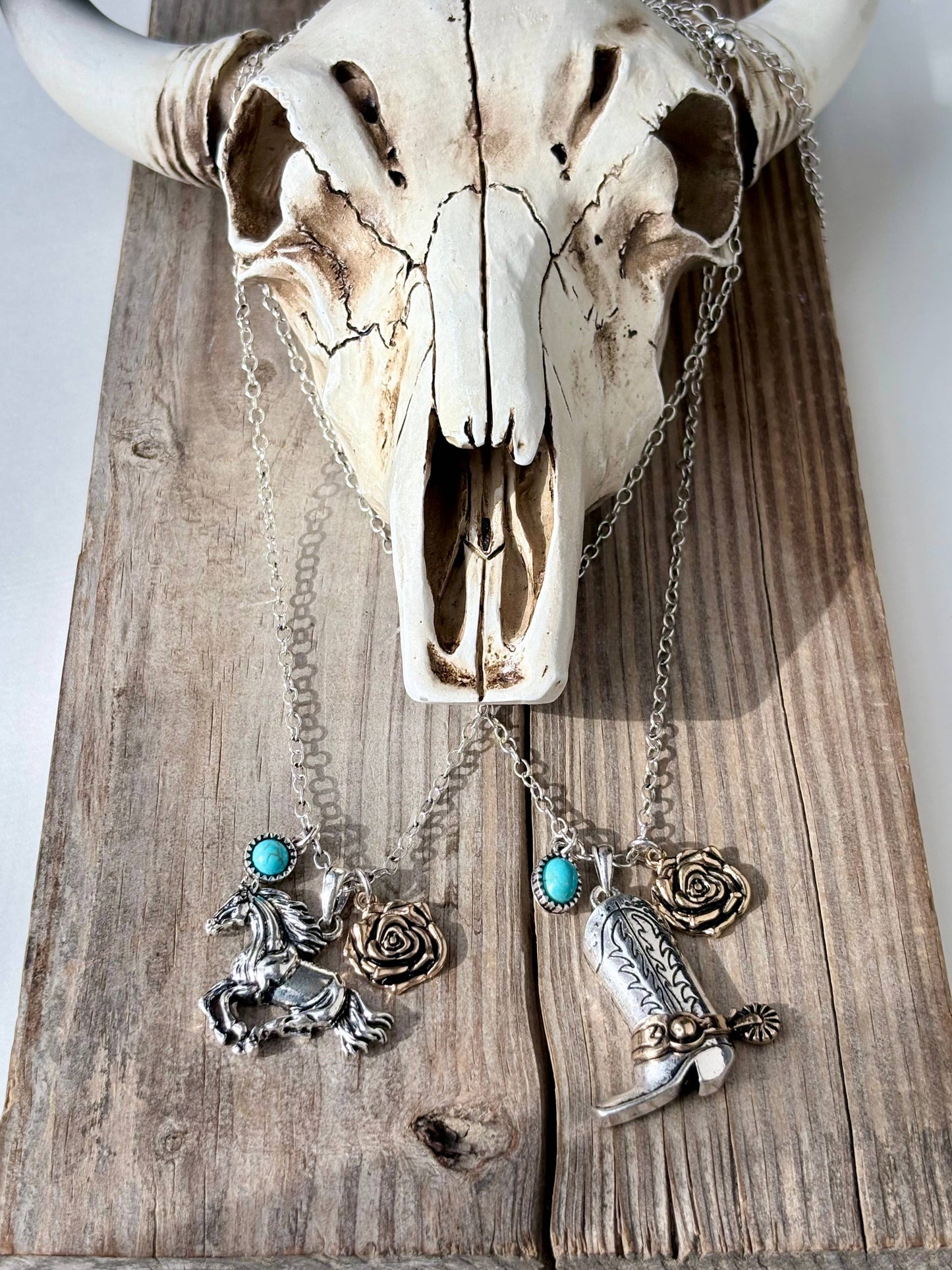 Western Style Rose Horse - Boots Pendant Link Chain Necklace