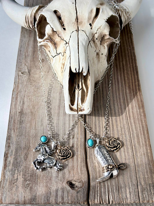 Western Style Rose Horse - Boots Pendant Link Chain Necklace