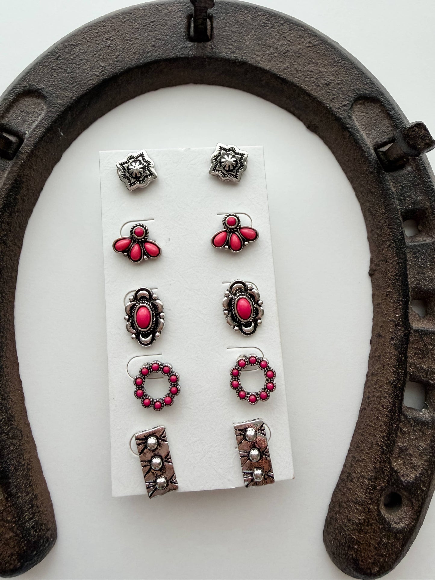 5 Pair Western Theme Stone Stud Earring Set