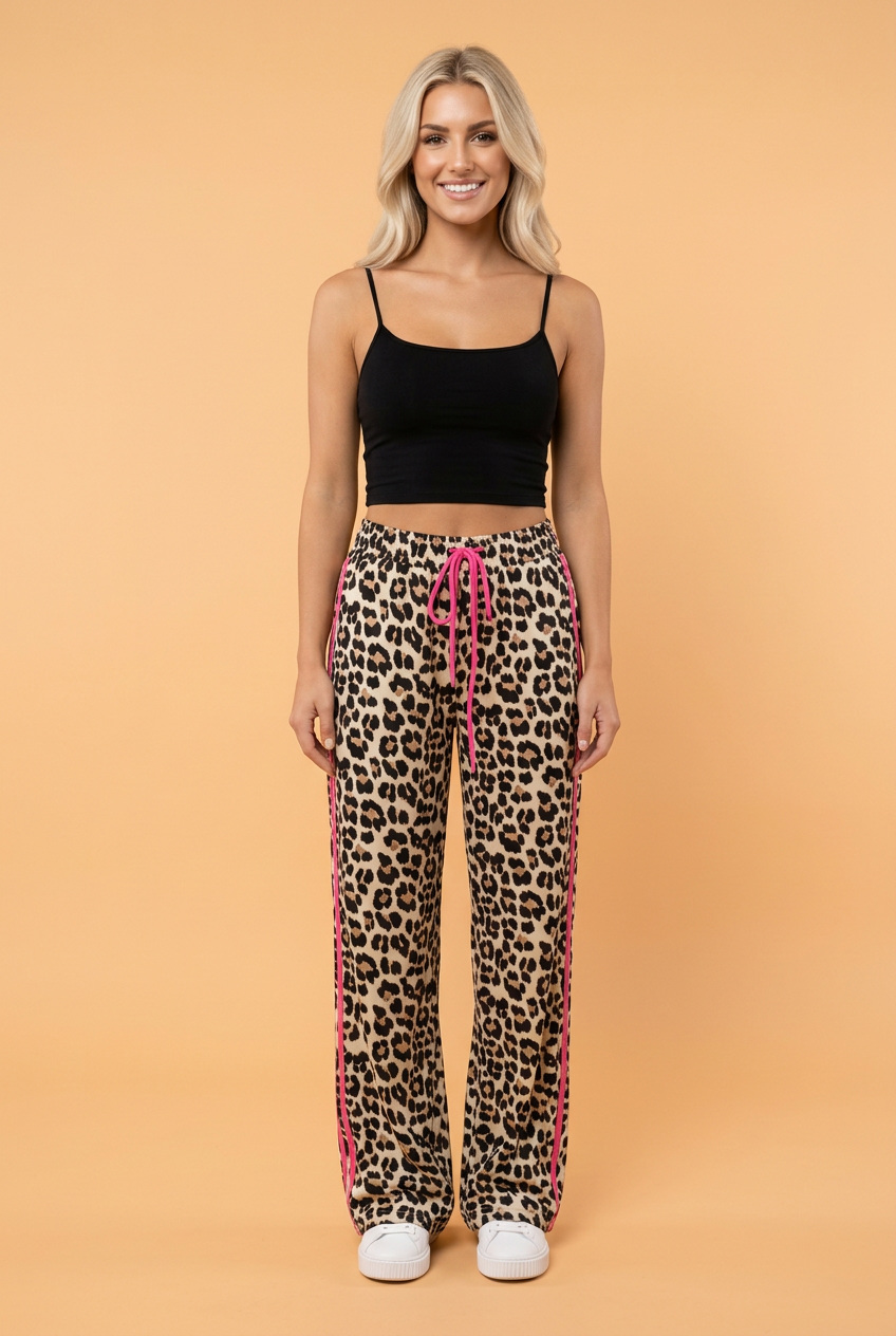 PRETTY BASH Leopard Tie Waist Contrast Detail Casual Pants