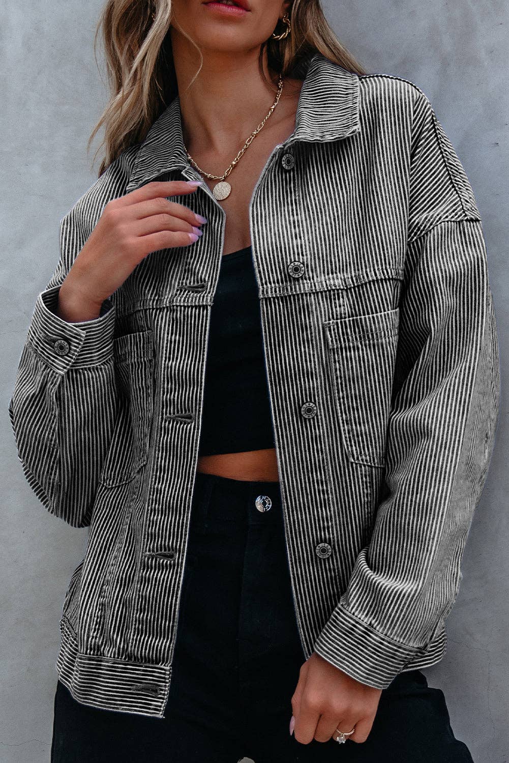 PRETTY BASH Stripe Denim Chest Pocket Oversize Jacket