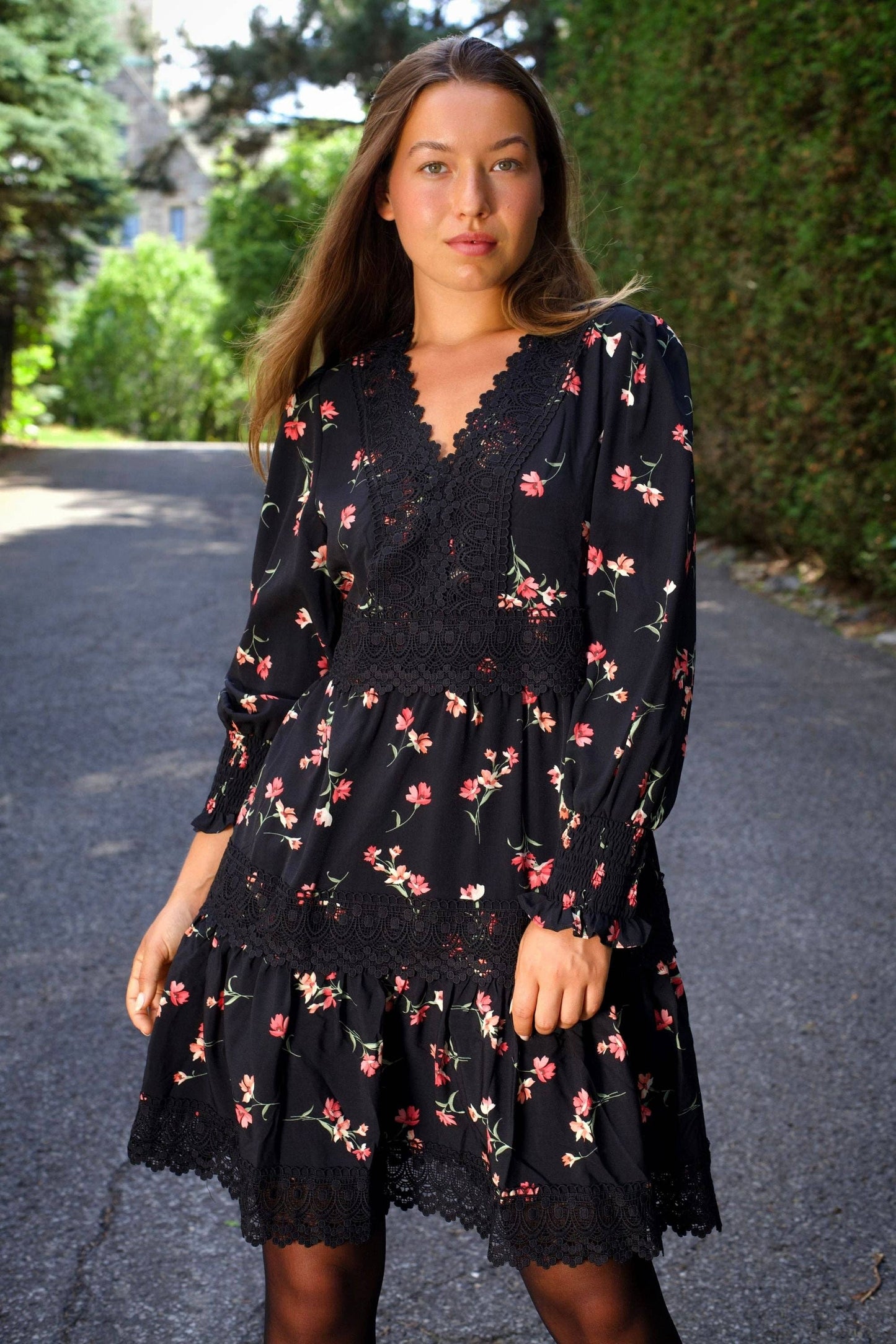 Agnes Tiered Black Mini Dress Pink Floral Print Lace Trim
