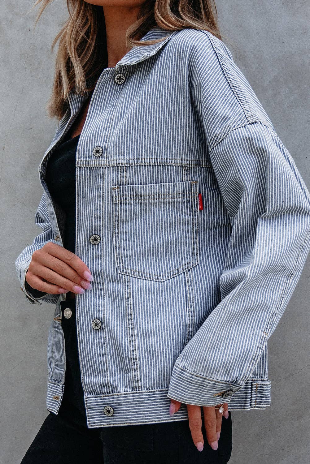 PRETTY BASH Stripe Denim Chest Pocket Oversize Jacket