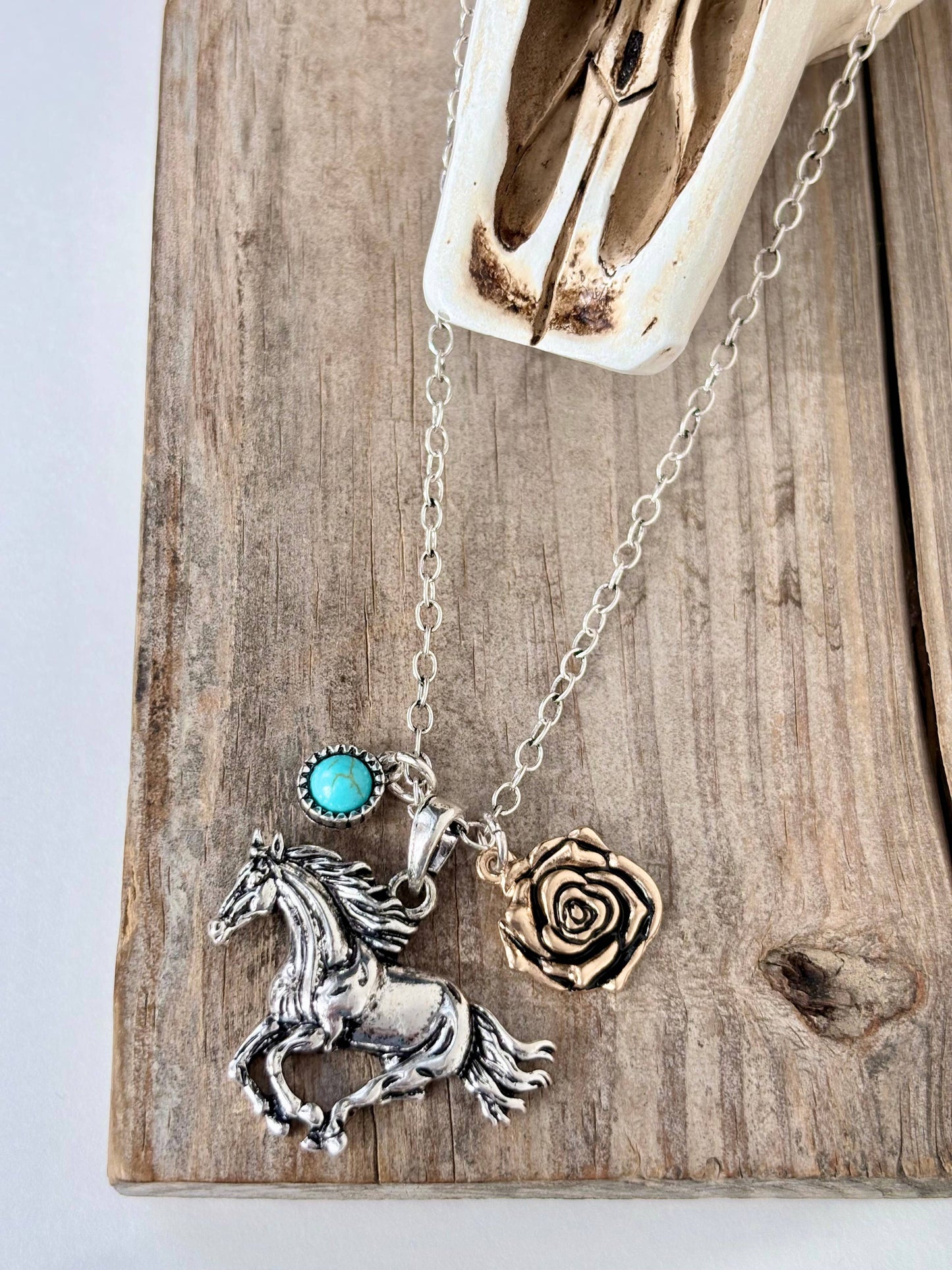 Western Style Rose Horse - Boots Pendant Link Chain Necklace