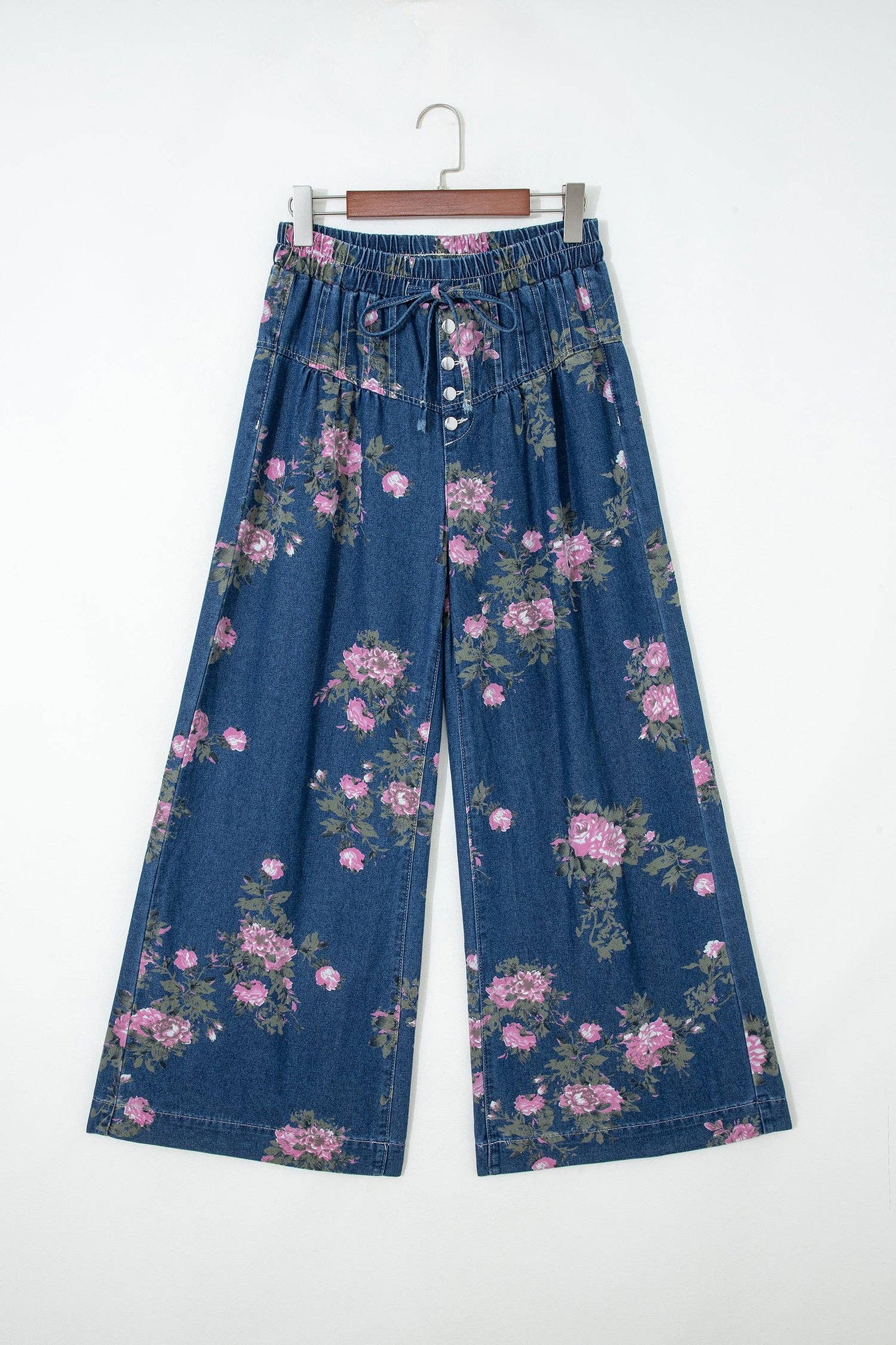PRETTY BASH Floral Denim Pleated Wide Leg Jeans