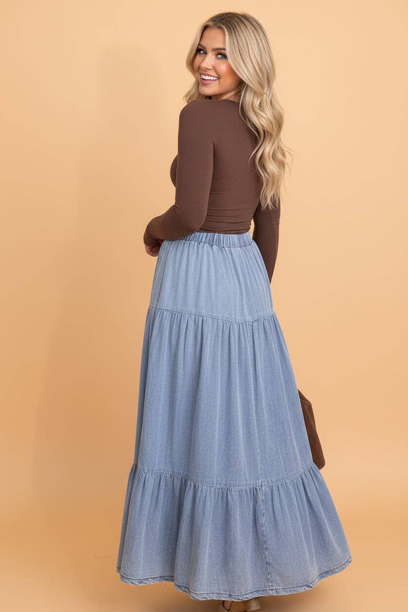 PRETTY BASH Denim Ruffle Tiered Flared Maxi Skirt